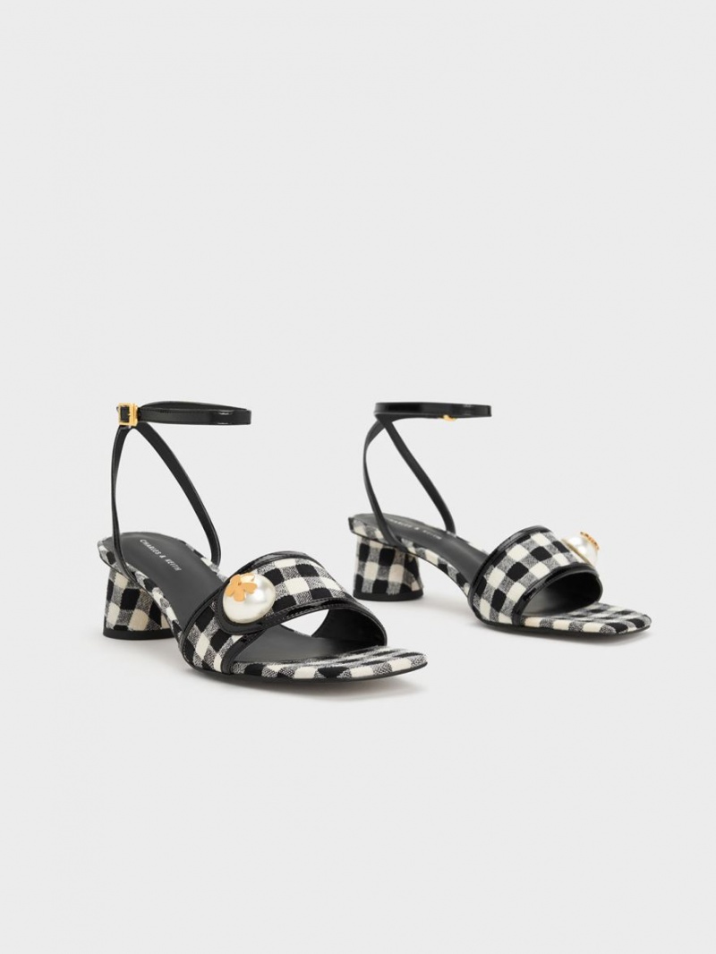 Charles & Keith Pearl-Embellished Gingham Sandalen Absatz Mehrfarbig | 291LFGMOZ