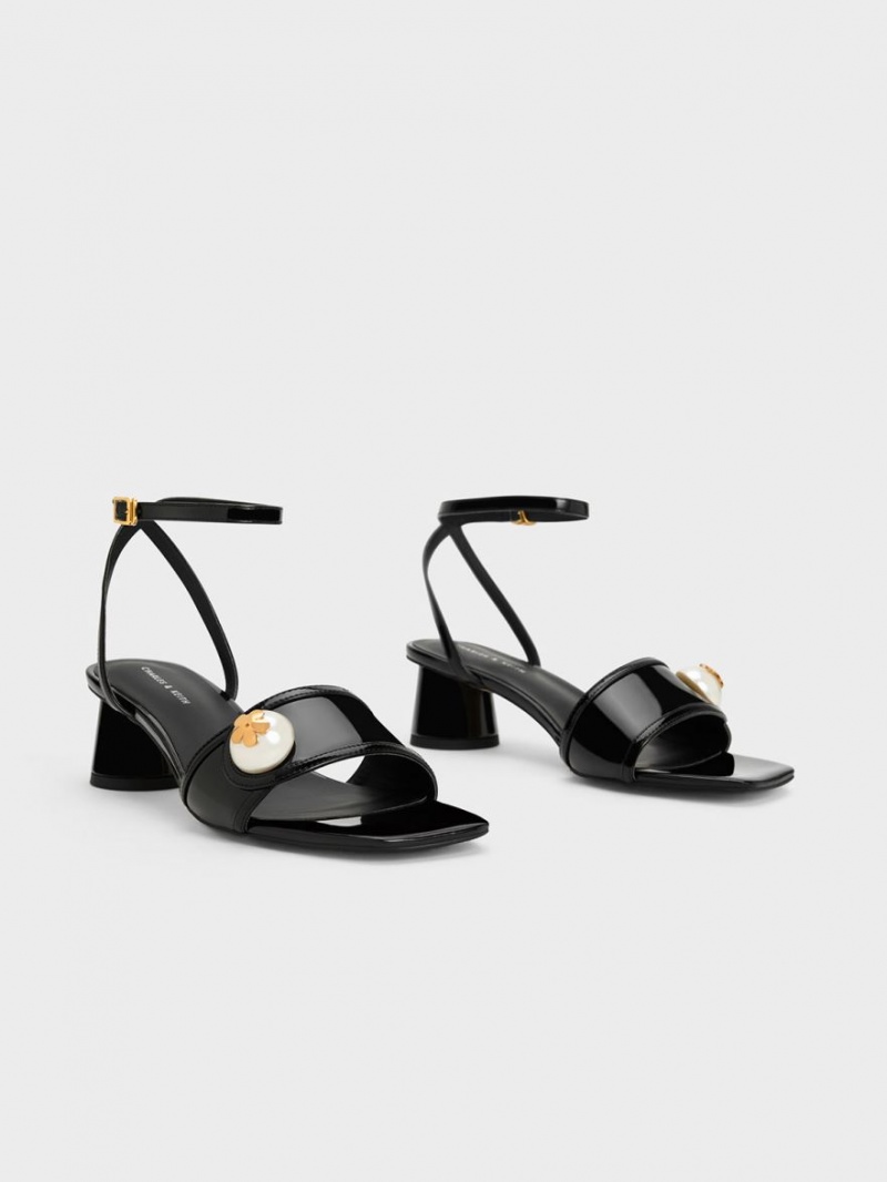 Charles & Keith Pearl-Embellished Lack Sandalen Absatz Schwarz | 158GYUIPJ