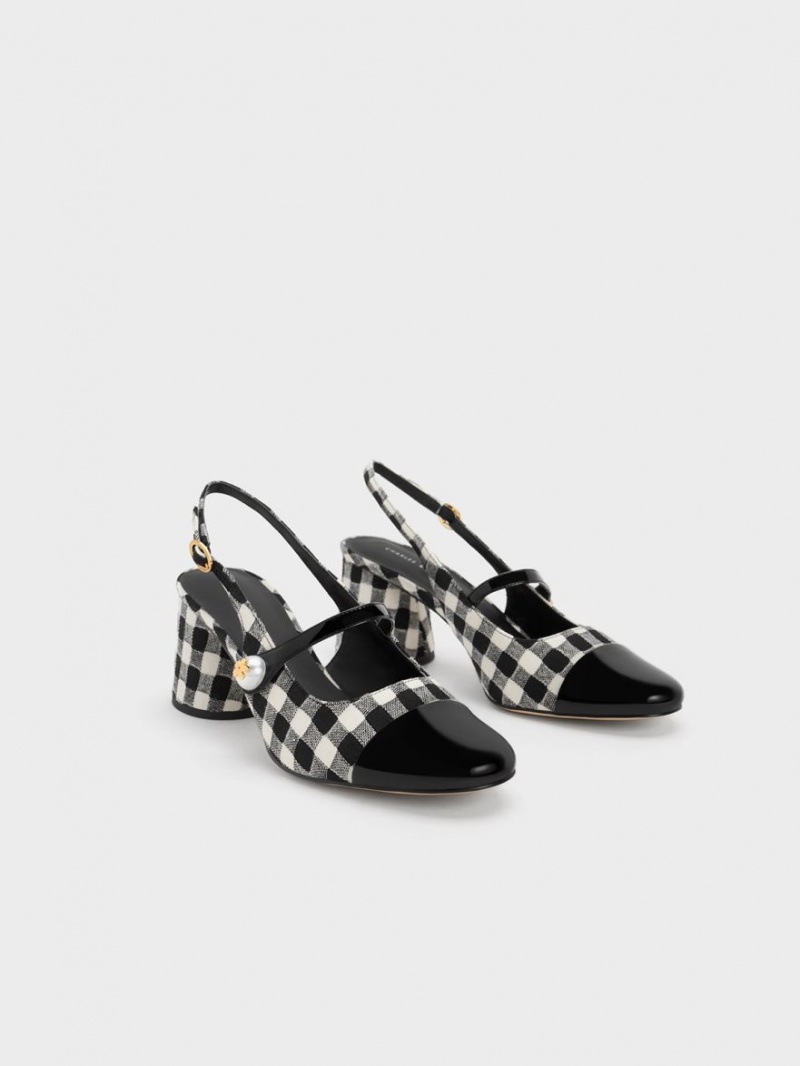 Charles & Keith Pearl Embellished Gingham Slingback Pumps Mehrfarbig | 198CYFMBT