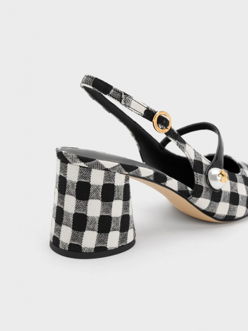 Charles & Keith Pearl Embellished Gingham Slingback Pumps Mehrfarbig | 198CYFMBT