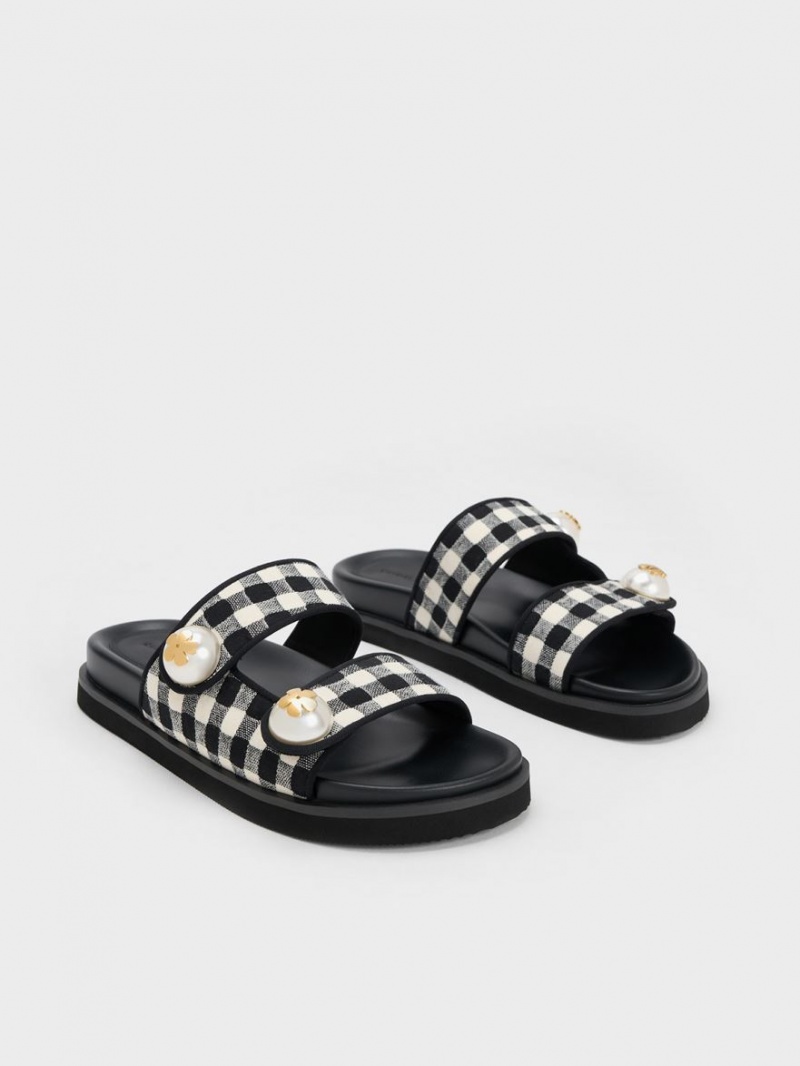 Charles & Keith Pearl Embellished Gingham Pantoletten Mehrfarbig | 483OKEXMY