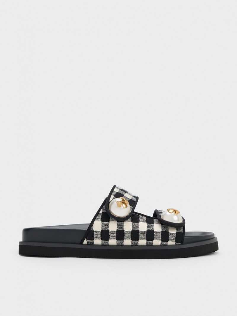 Charles & Keith Pearl Embellished Gingham Pantoletten Mehrfarbig | 483OKEXMY