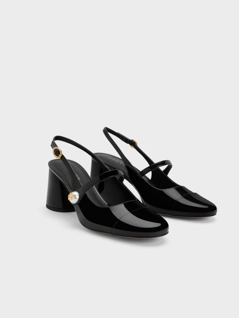 Charles & Keith Pearl Embellished Lack Slingback Pumps Schwarz | 846OTIPYE