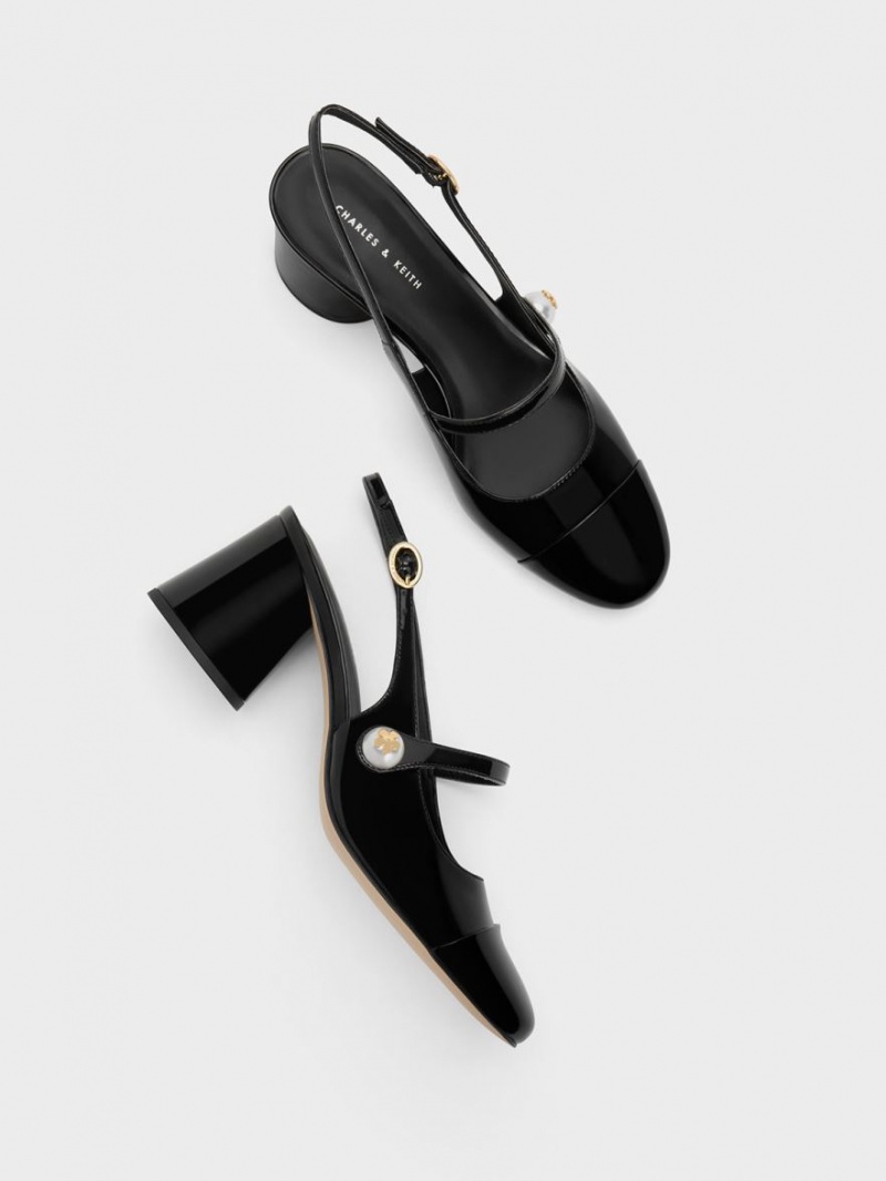 Charles & Keith Pearl Embellished Lack Slingback Pumps Schwarz | 846OTIPYE