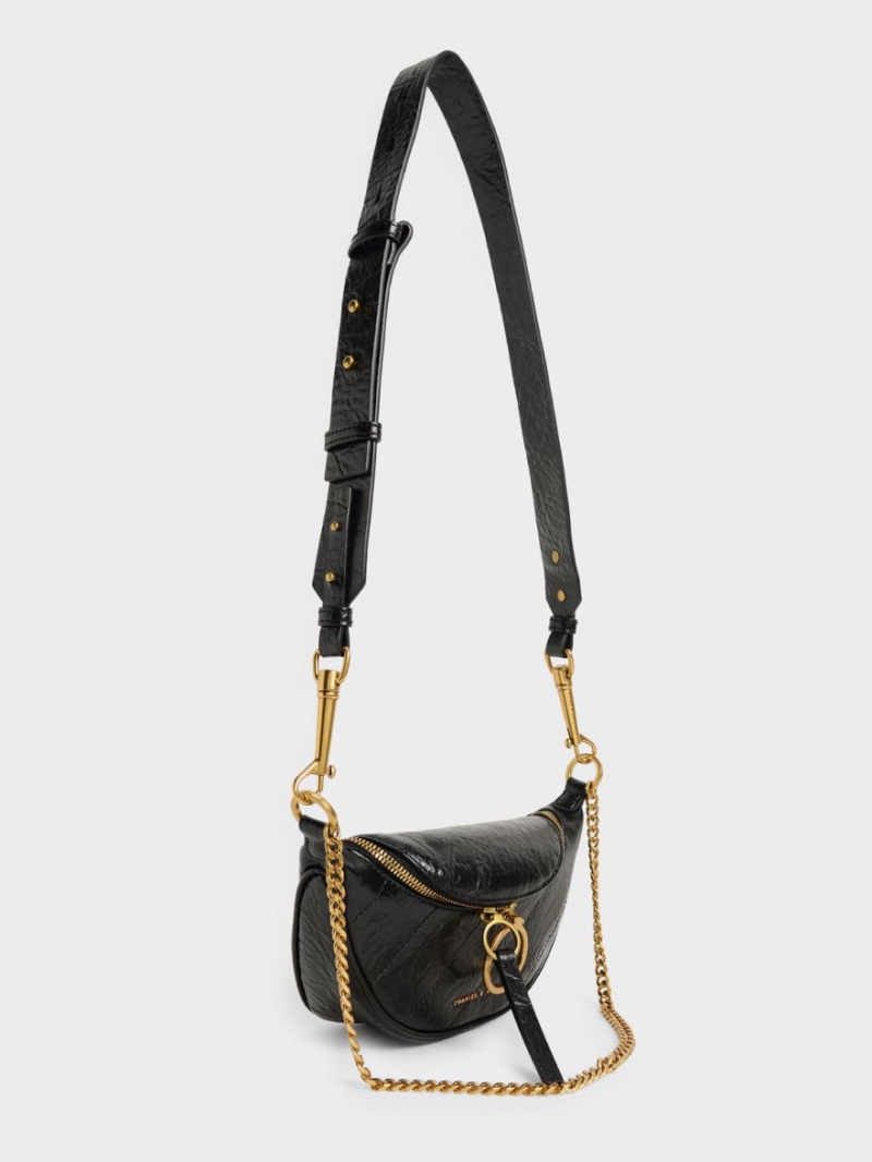 Charles & Keith Philomena Wrinkled-Effect Half-Moon Crossbody Taschen Schwarz | 572SJFYKL