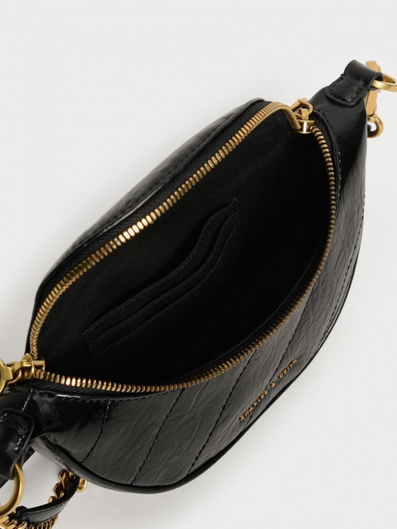 Charles & Keith Philomena Wrinkled-Effect Half-Moon Crossbody Taschen Schwarz | 572SJFYKL