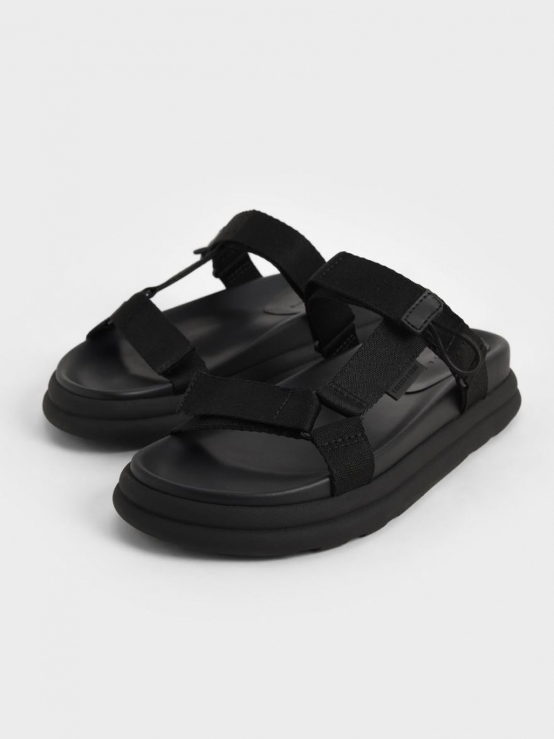 Charles & Keith Polyester Klettverschluss Riemen Sports Plateausandalen Schwarz | 092XWNHAP