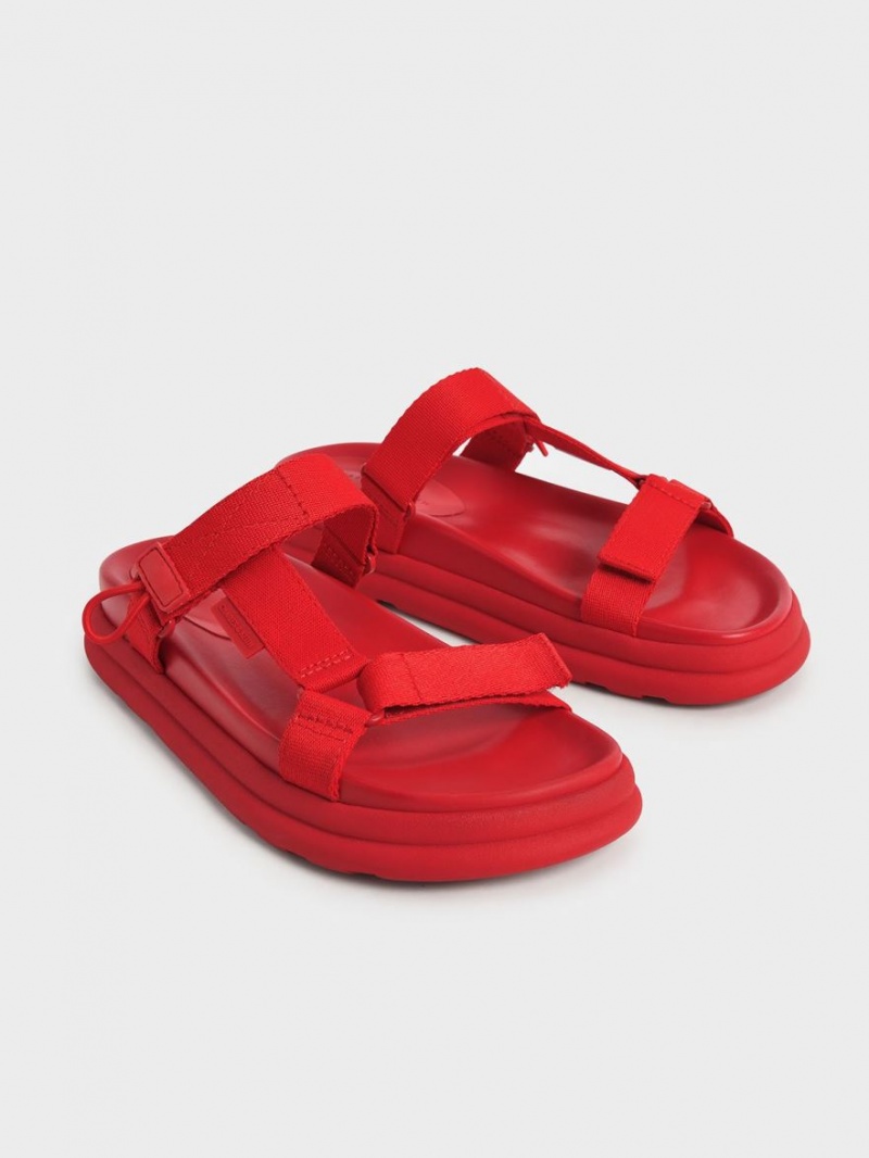 Charles & Keith Polyester Klettverschluss Riemen Sports Plateausandalen Rot | 675NRHSTY