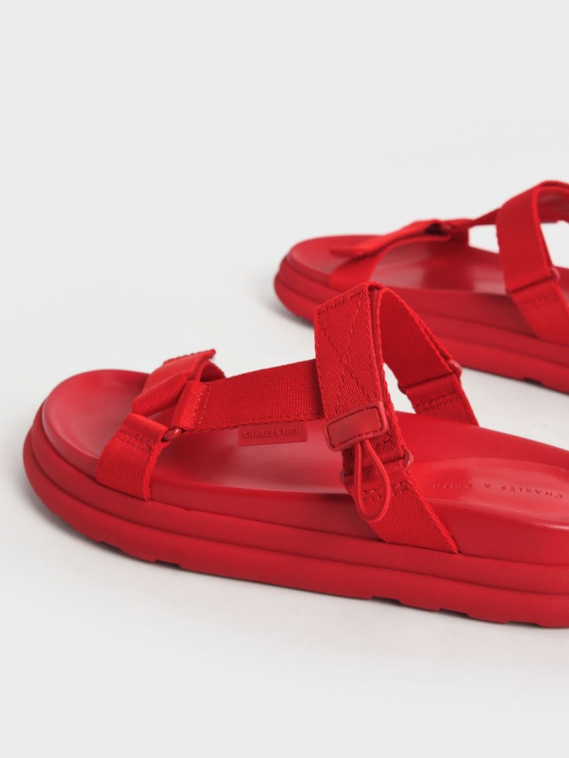 Charles & Keith Polyester Klettverschluss Riemen Sports Plateausandalen Rot | 675NRHSTY