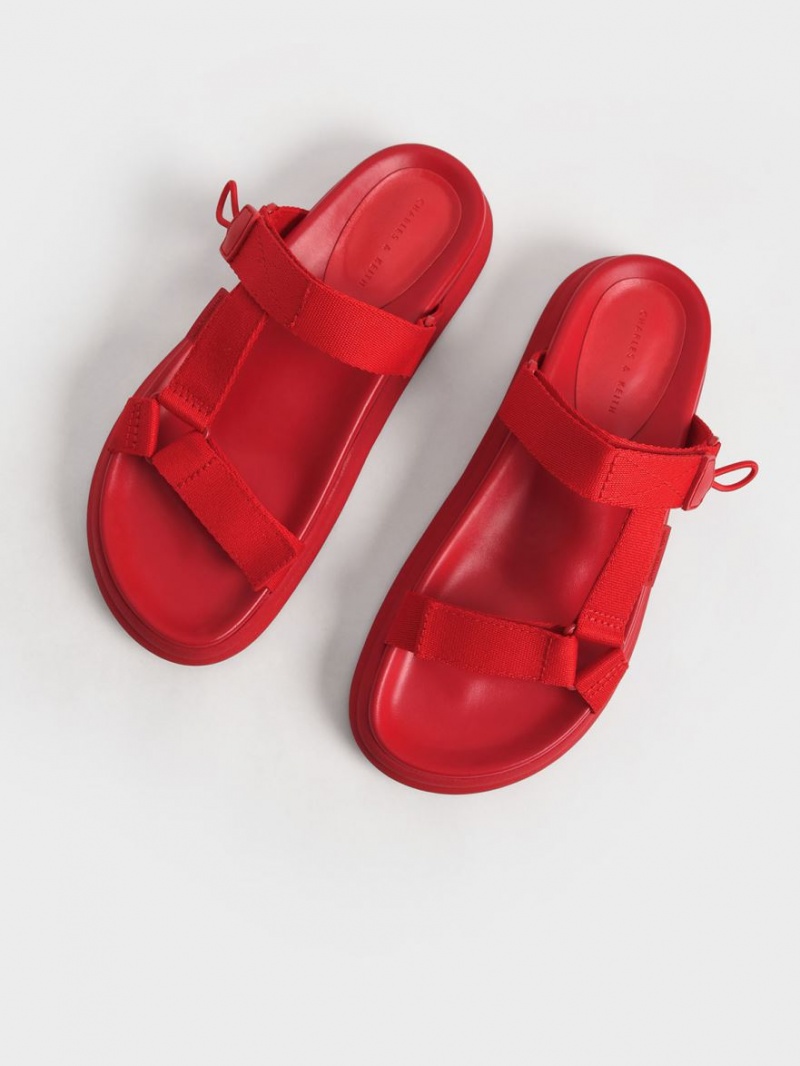 Charles & Keith Polyester Klettverschluss Riemen Sports Plateausandalen Rot | 675NRHSTY