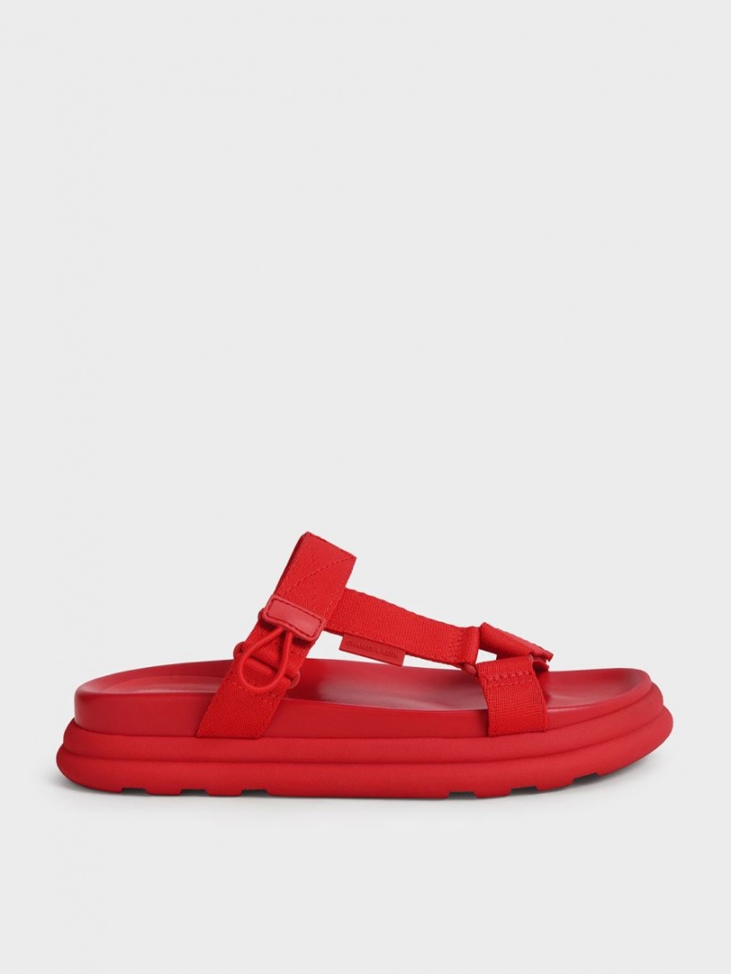 Charles & Keith Polyester Klettverschluss Riemen Sports Plateausandalen Rot | 675NRHSTY