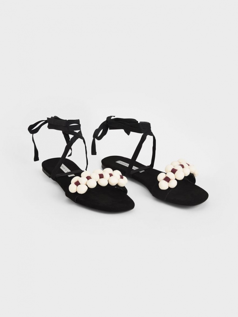 Charles & Keith Pom Pom Tie-Around Sandalen Flach Schwarz | 365DOZTBU