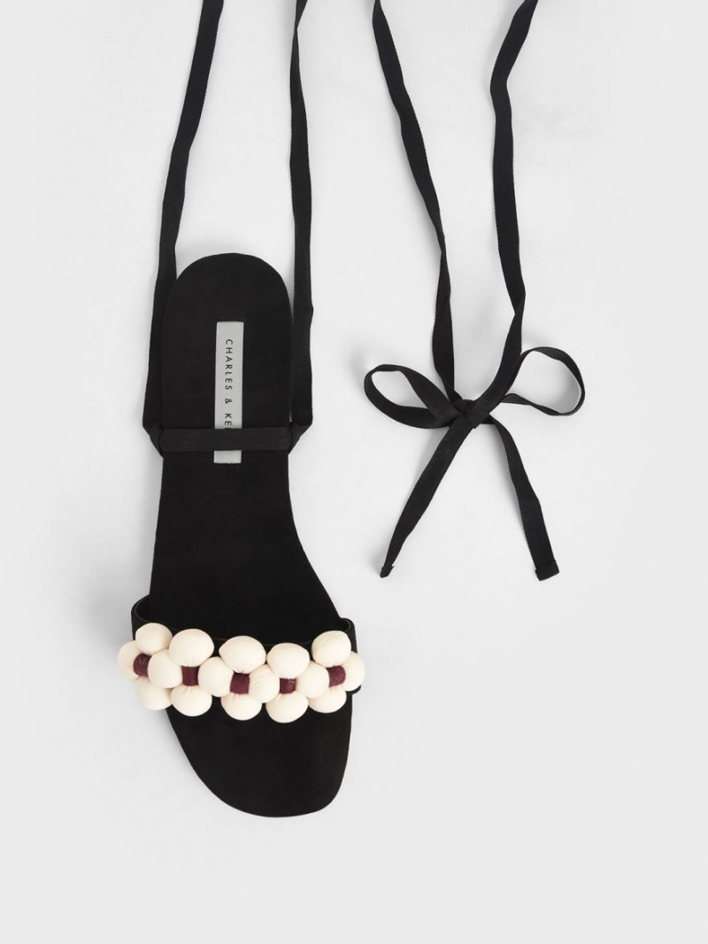 Charles & Keith Pom Pom Tie-Around Sandalen Flach Schwarz | 365DOZTBU