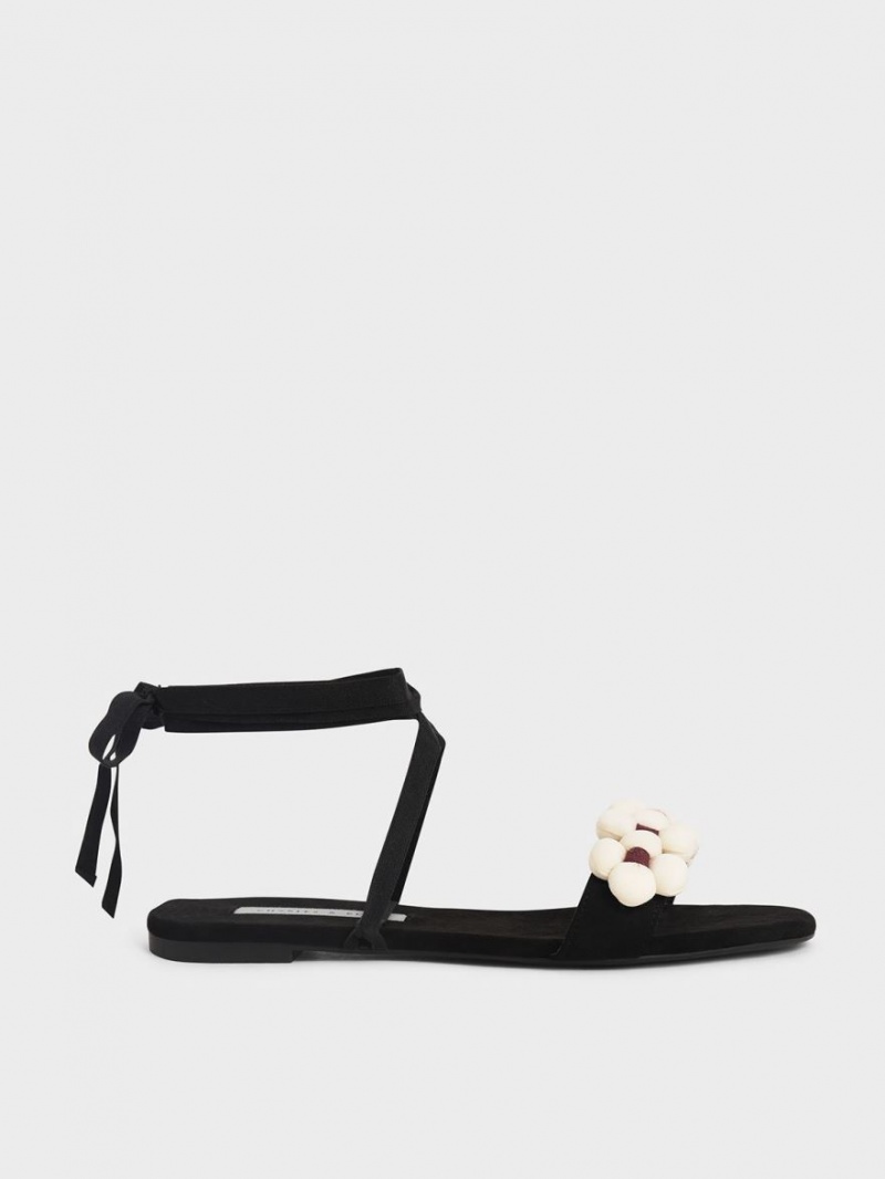 Charles & Keith Pom Pom Tie-Around Sandalen Flach Schwarz | 365DOZTBU