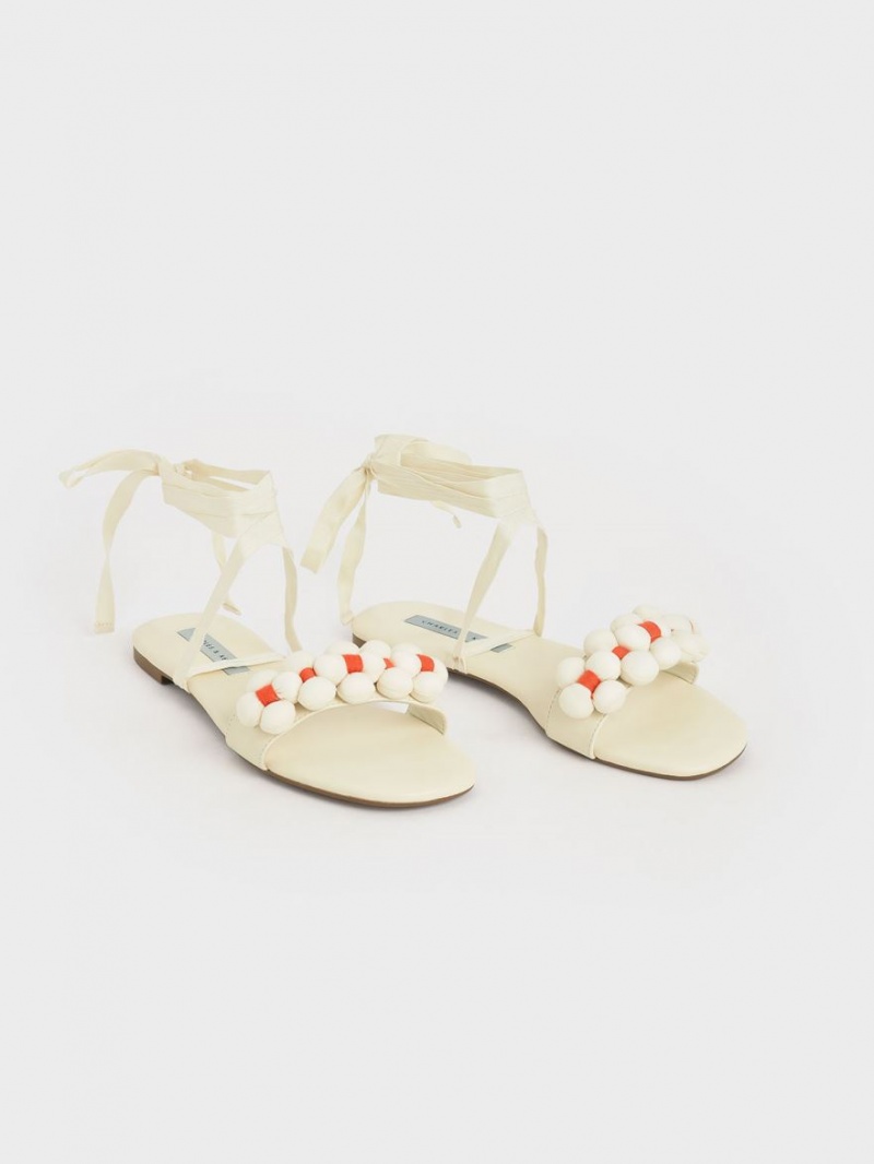 Charles & Keith Pom Pom Tie-Around Sandalen Flach Weiß | 391RWHQPS