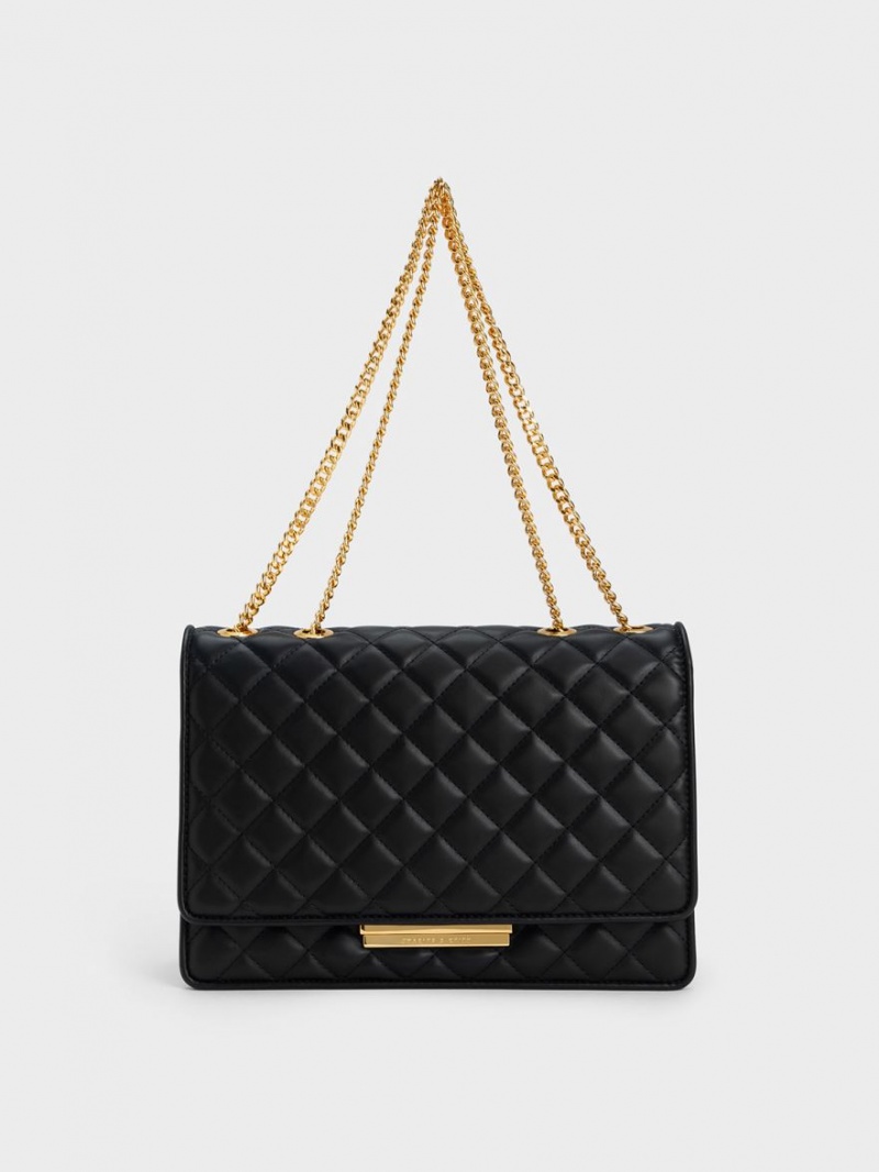 Charles & Keith Push-Lock Gesteppt Crossbody Taschen Schwarz | 814YPQBDE