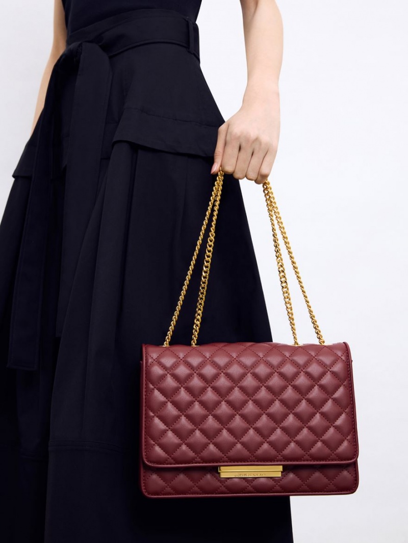 Charles & Keith Push-Lock Gesteppt Crossbody Taschen Bordeaux | 490JUYTNO