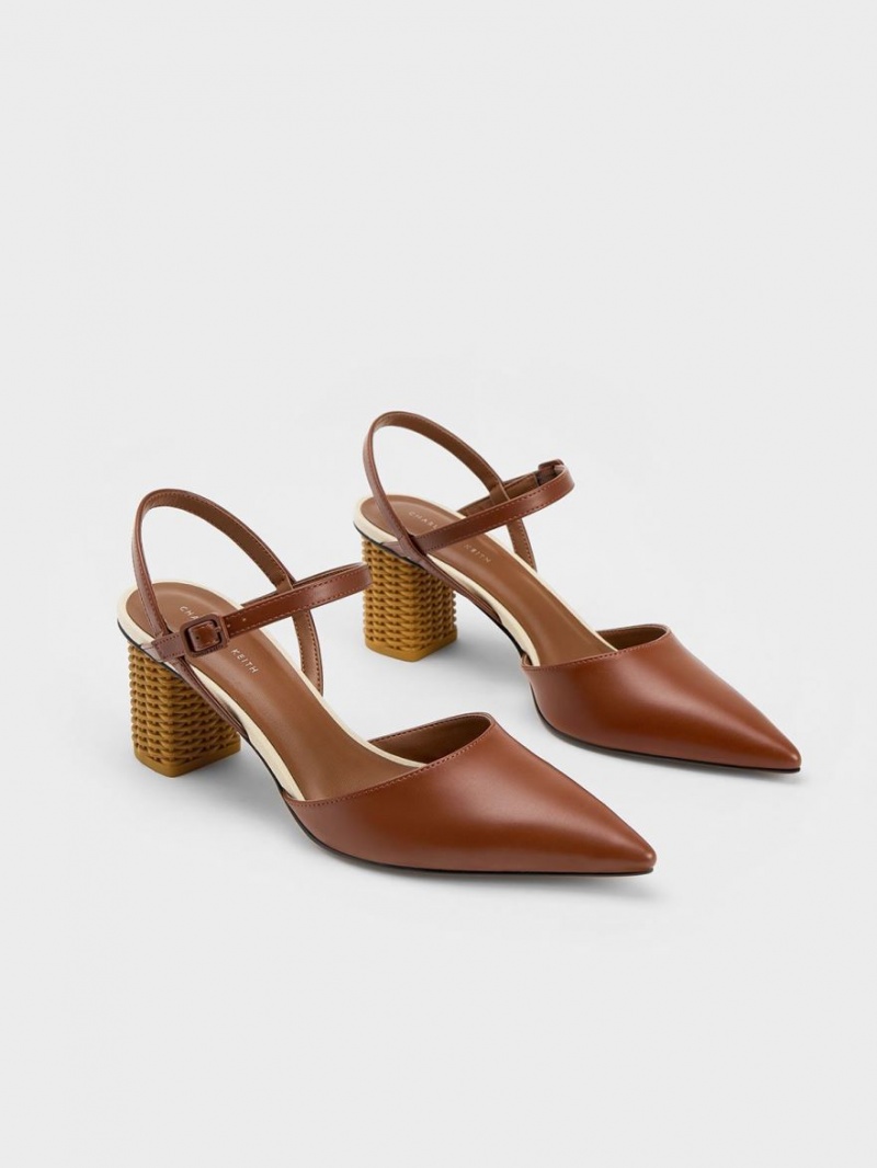 Charles & Keith Rattan Block Heel Pumps Braun | 408WBTYKO