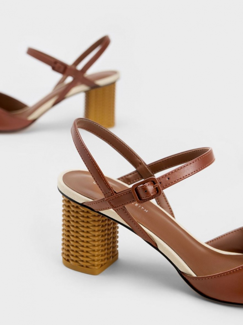 Charles & Keith Rattan Block Heel Pumps Braun | 408WBTYKO