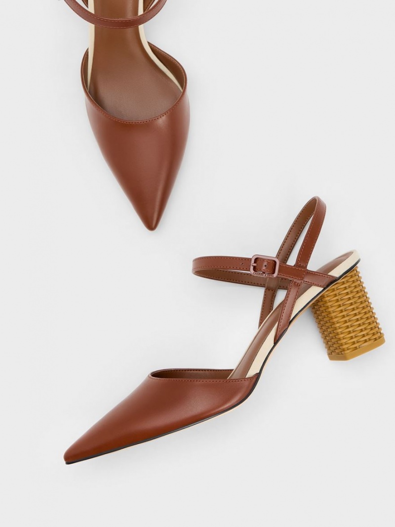 Charles & Keith Rattan Block Heel Pumps Braun | 408WBTYKO