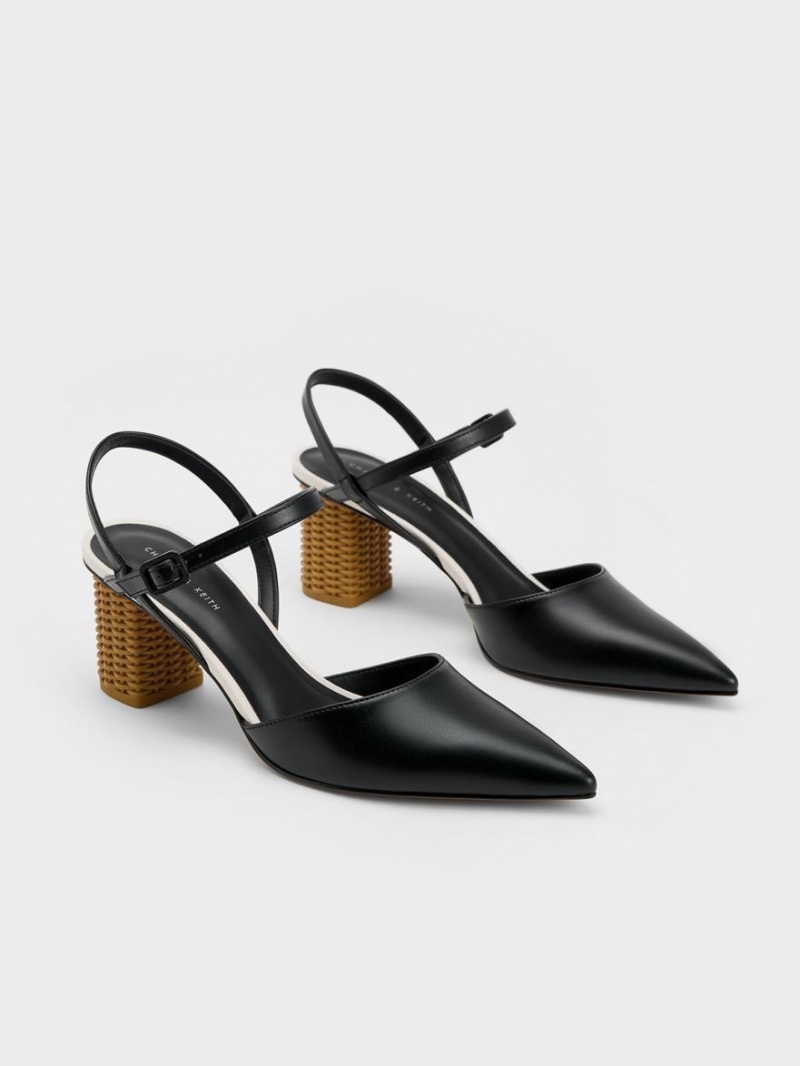 Charles & Keith Rattan Block Heel Pumps Schwarz | 867PNFZTS