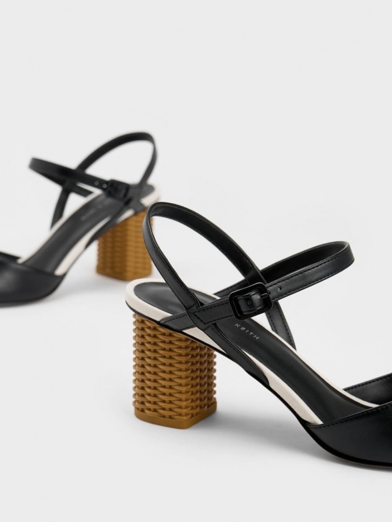 Charles & Keith Rattan Block Heel Pumps Schwarz | 867PNFZTS