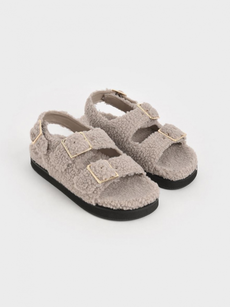 Charles & Keith Recycled PET - Furry Plateausandalen Grau | 279UFIKLJ