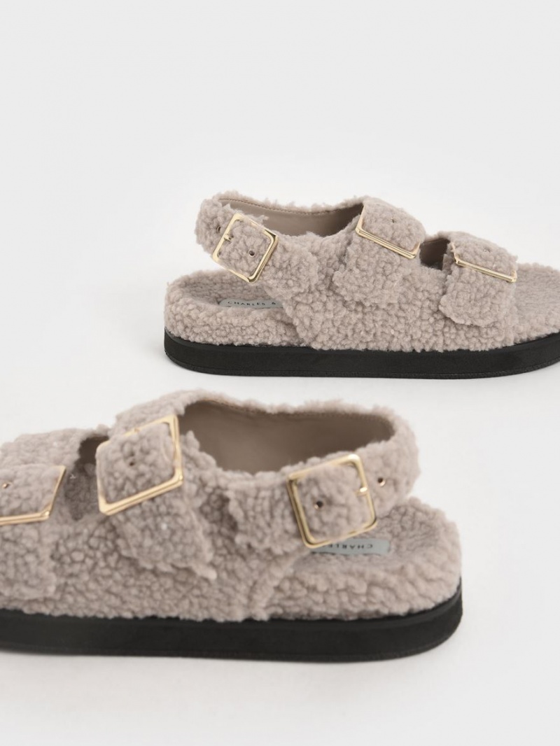 Charles & Keith Recycled PET - Furry Plateausandalen Grau | 279UFIKLJ