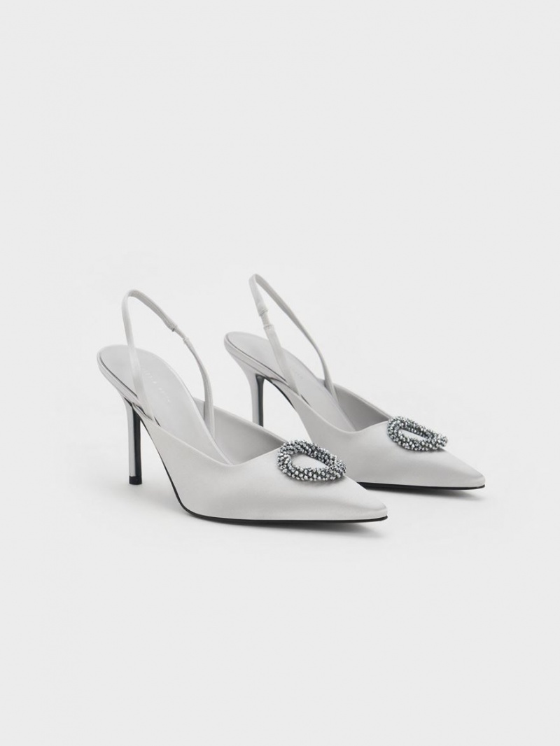 Charles & Keith Recycled Polyester Beaded Circle Slingback Pumps Silber | 508WILXPN