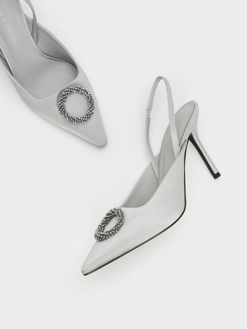 Charles & Keith Recycled Polyester Beaded Circle Slingback Pumps Silber | 508WILXPN