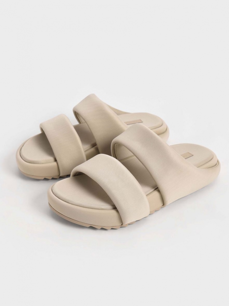 Charles & Keith Recycled Polyester Gepolstert Rutschen Sie Sandalen Beige | 057PTHMDX