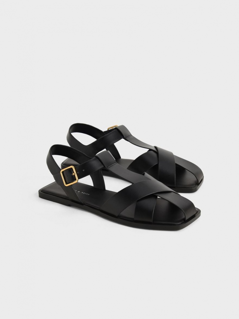 Charles & Keith Riemchen Crossover Sandalen Flach Schwarz | 521HPTQUA