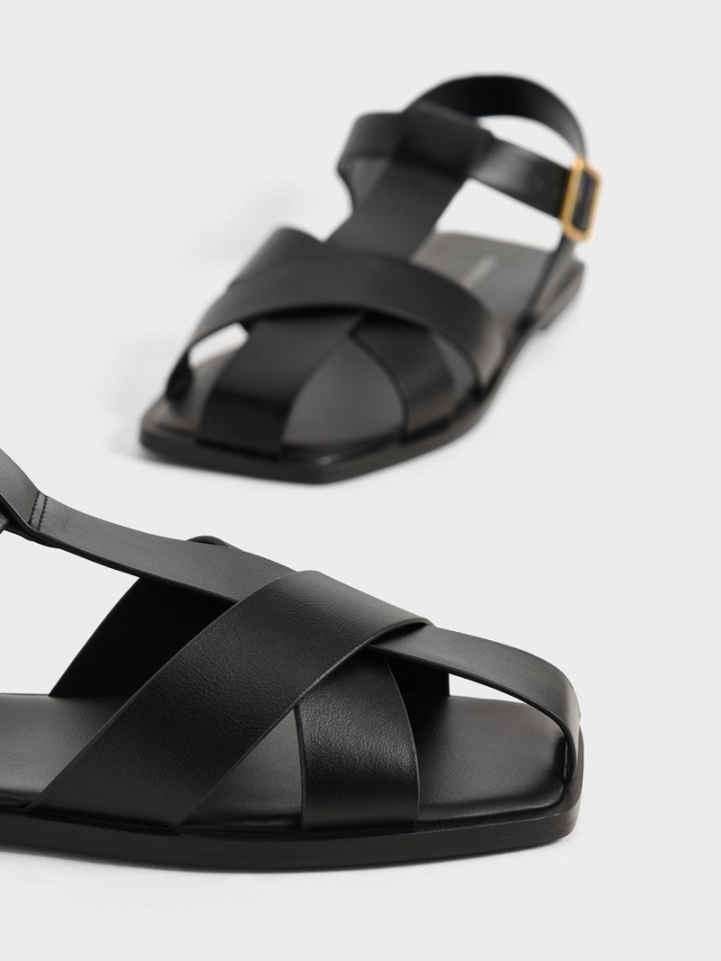 Charles & Keith Riemchen Crossover Sandalen Flach Schwarz | 521HPTQUA