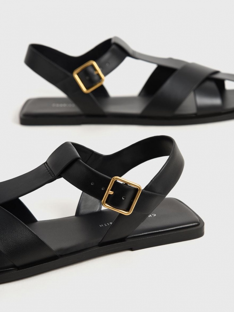 Charles & Keith Riemchen Crossover Sandalen Flach Schwarz | 521HPTQUA