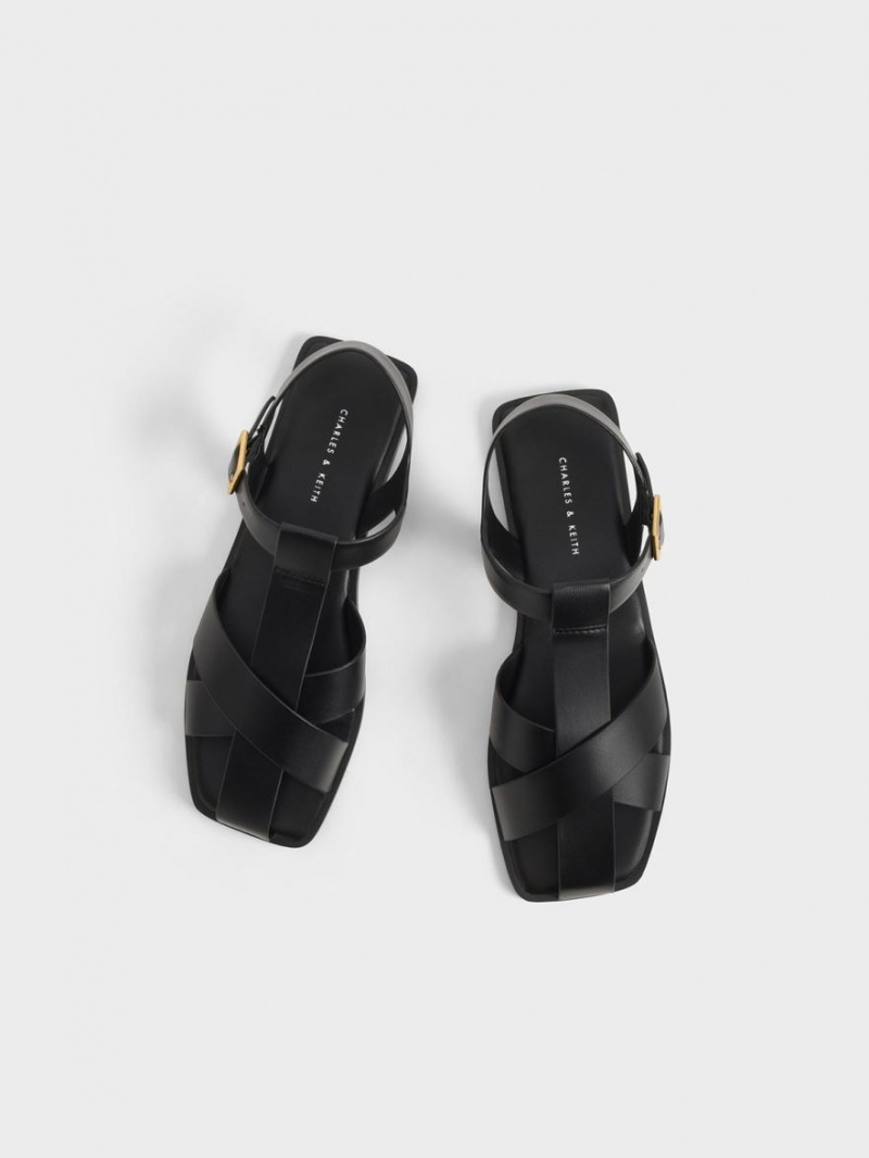 Charles & Keith Riemchen Crossover Sandalen Flach Schwarz | 521HPTQUA