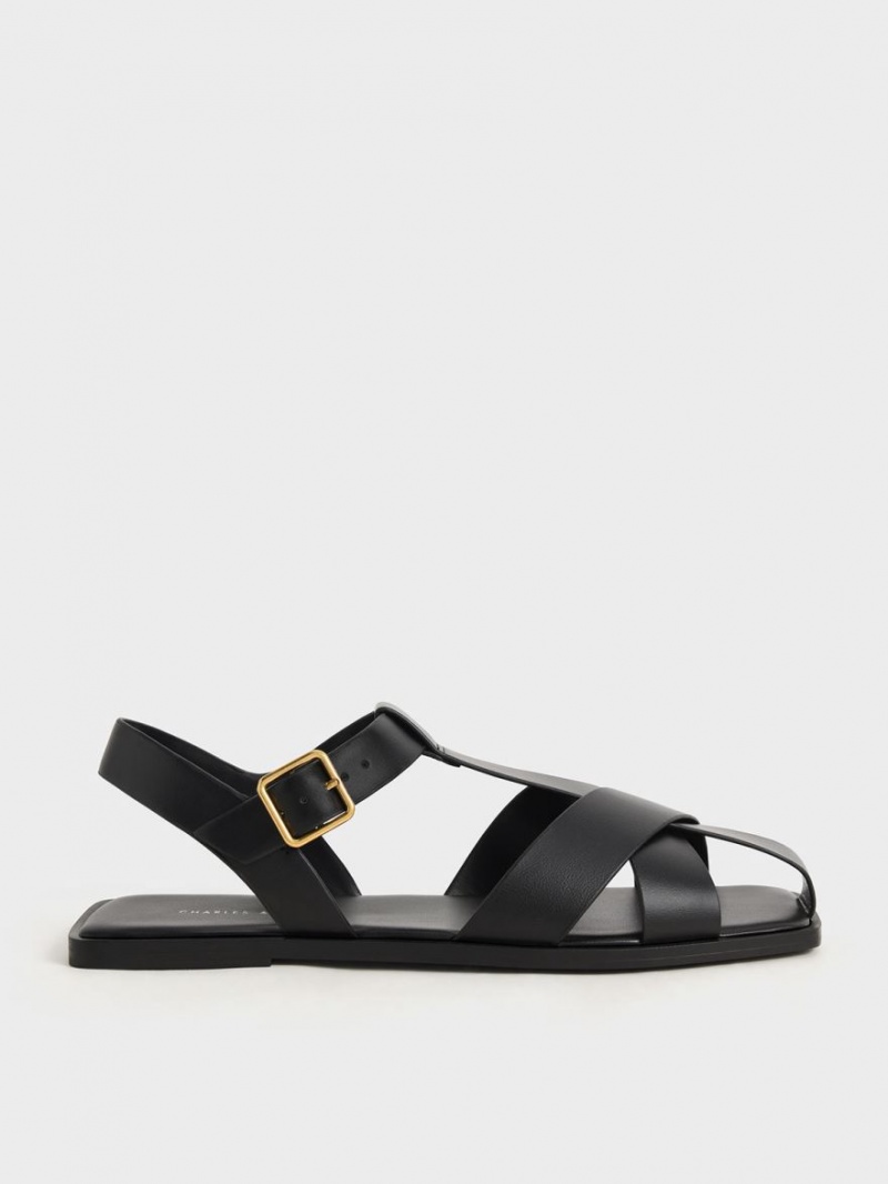 Charles & Keith Riemchen Crossover Sandalen Flach Schwarz | 521HPTQUA