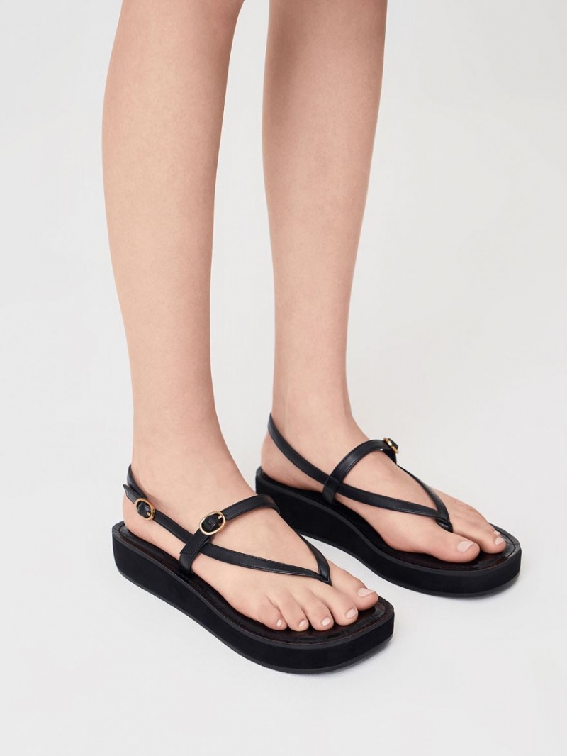 Charles & Keith Riemchen Flatform Tanga Plateausandalen Schwarz | 075EJZORB