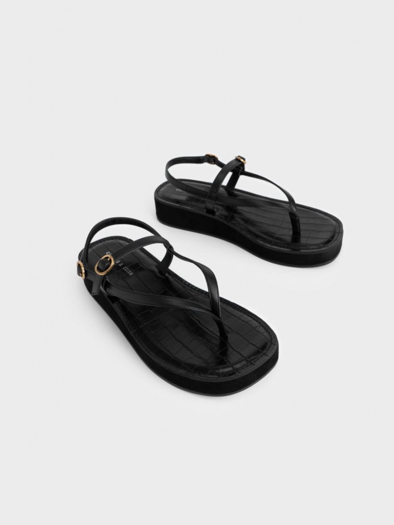 Charles & Keith Riemchen Flatform Tanga Plateausandalen Schwarz | 075EJZORB