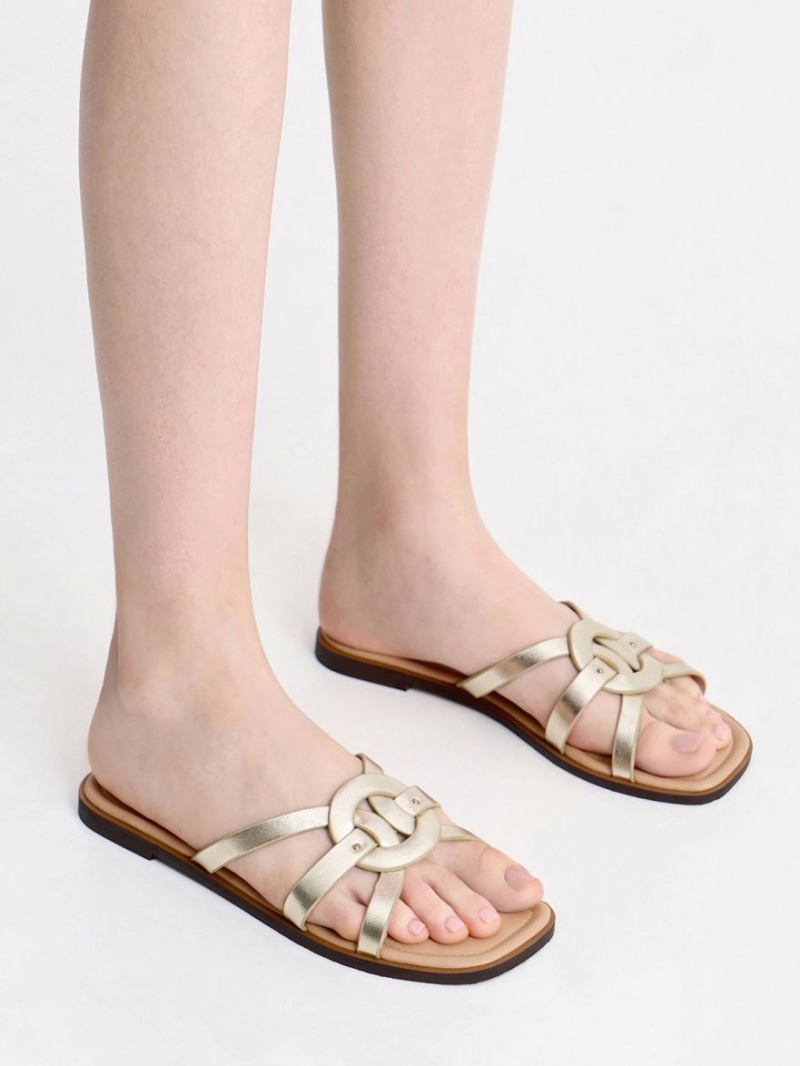 Charles & Keith Ring Detail Metallic Riemchen Flats Pantoletten Gold | 784HGDKTL