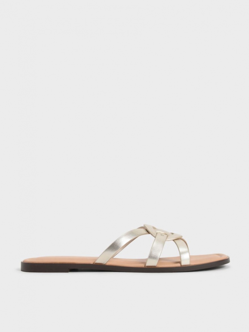 Charles & Keith Ring Detail Metallic Riemchen Flats Pantoletten Gold | 784HGDKTL