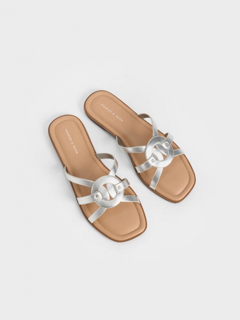 Charles & Keith Ring Detail Riemchen Flats Pantoletten Silber | 692HIESWA