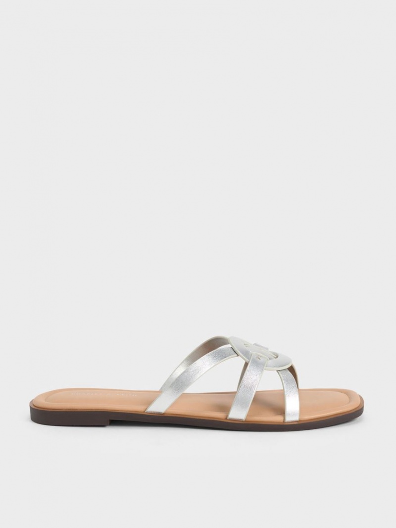 Charles & Keith Ring Detail Riemchen Flats Pantoletten Silber | 692HIESWA