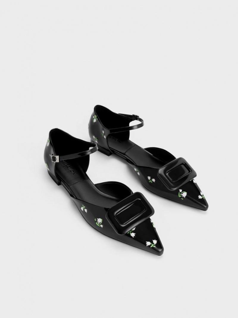 Charles & Keith Rosalie Leder Floral D'Orsay Flache Schuhe Schwarz | 804BFUOJT