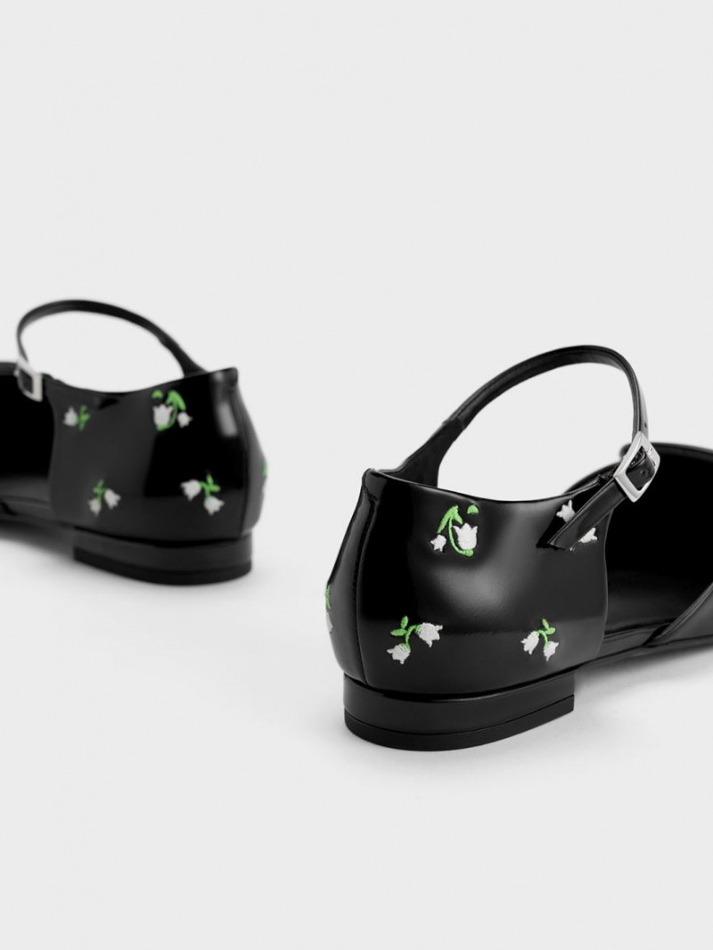 Charles & Keith Rosalie Leder Floral D'Orsay Flache Schuhe Schwarz | 804BFUOJT