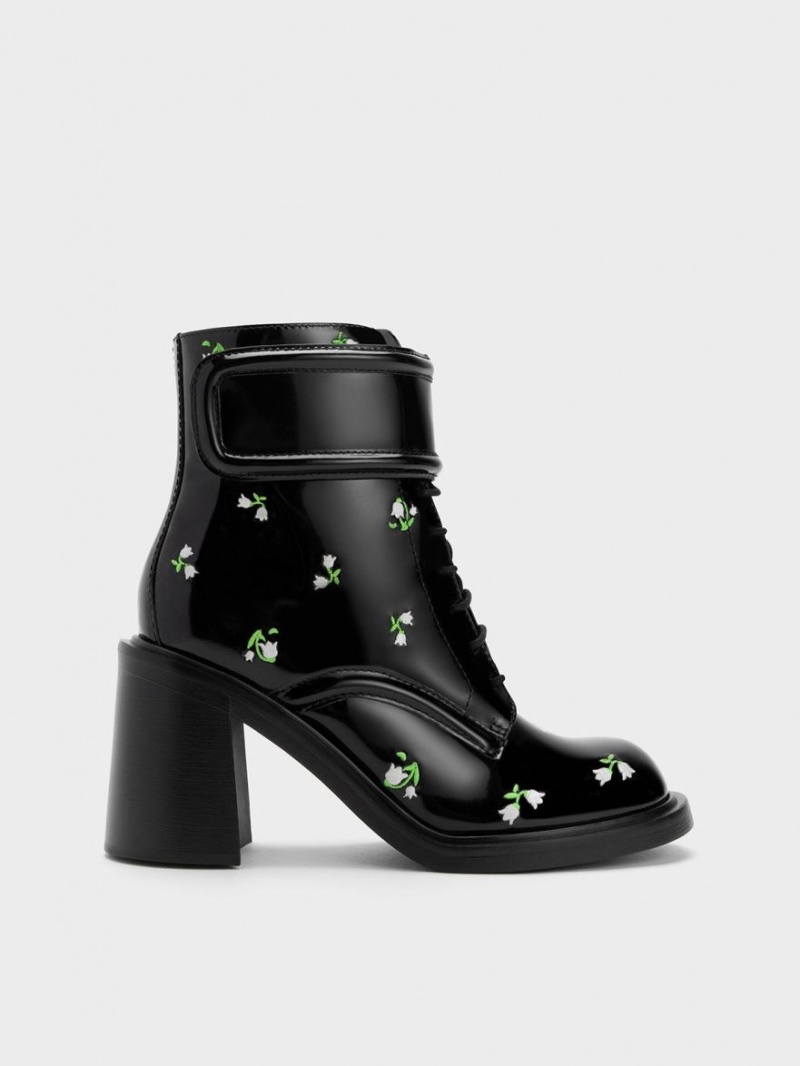 Charles & Keith Rosalie Leder Floral Stiefeletten Schwarz | 086TWOVFD