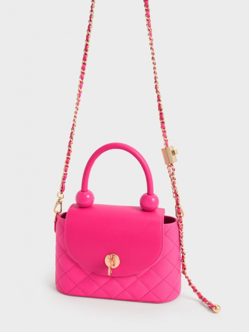 Charles & Keith Round Gesteppt Top Handtasche Fuchsie | 932JMTZRI