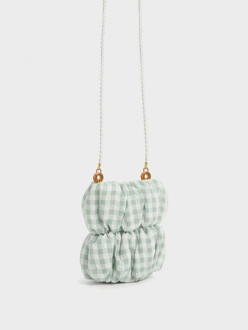 Charles & Keith Ruched Bead-Handle Check-Print Crossbody Taschen Grün | 314GBLTSJ