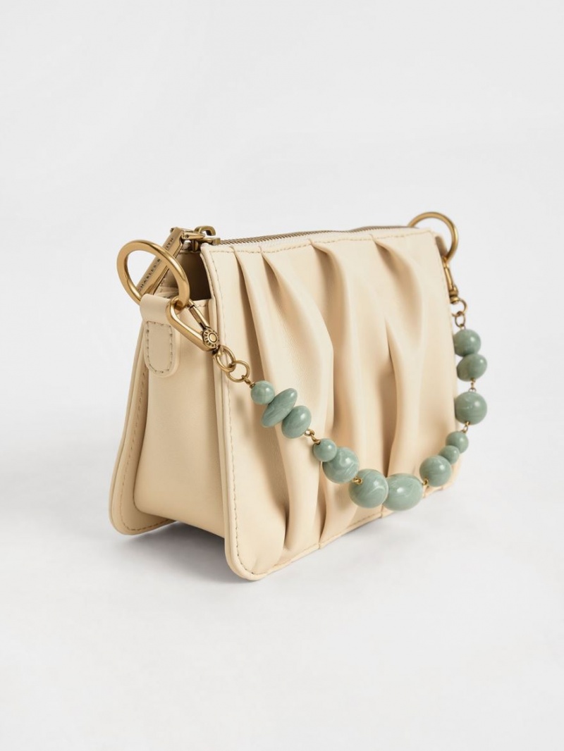 Charles & Keith Ruched Bead-Handle Schultertaschen Beige | 713YJABDU