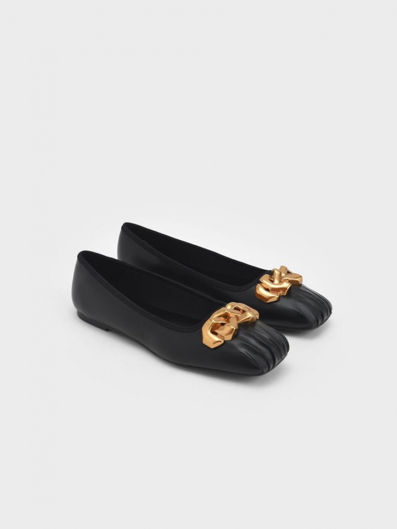 Charles & Keith Ruched Square-Kappe Chunky Chain-Link Ballerinas Schwarz | 780XMNOKL