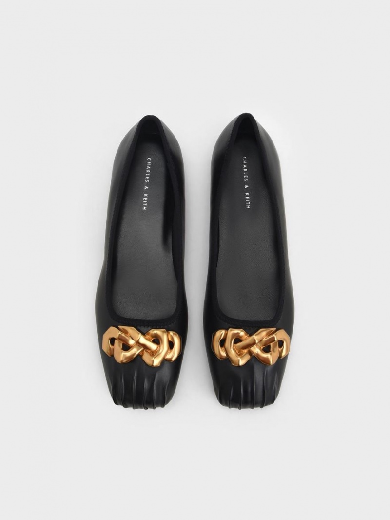 Charles & Keith Ruched Square-Kappe Chunky Chain-Link Ballerinas Schwarz | 780XMNOKL